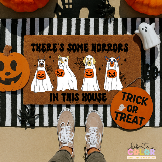 There’s Some Horrors In This House Doormat, Funny Halloween Dog Welcome Mat, Spooky Porch Decor, Ghost Dog Trick or Treat Rug