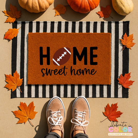 Home Sweet Home Football Doormat, Fall Sports Welcome Mat, Game Day Front Porch Decor, Autumn Entry Rug for Football Fans