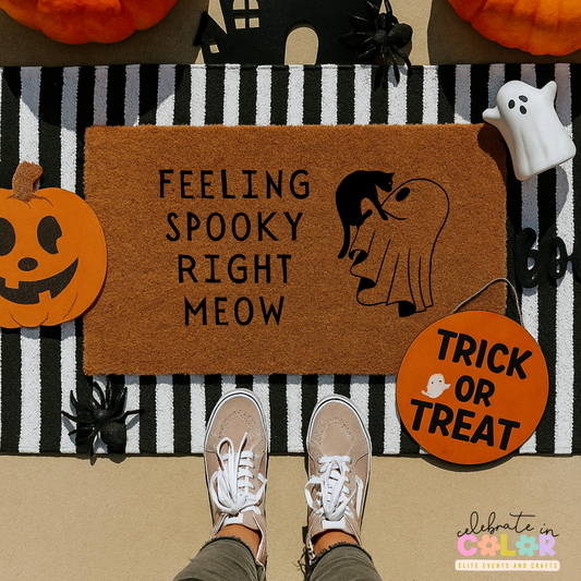 Feeling Spooky Right Meow Doormat, Funny Cat Halloween Mat, Black Cat Ghost Coir Rug, Fall Porch Decor, Spooky Season Entryway Mat