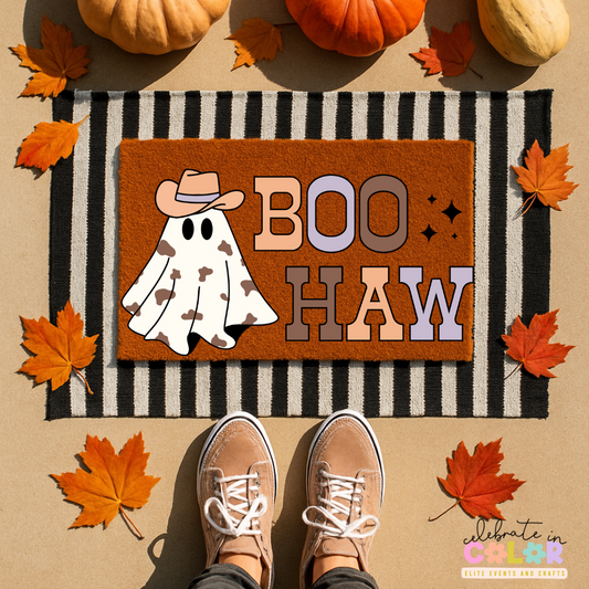 Boo Haw Halloween Doormat, Hand Painted Western Ghost Rug, Cow Print Cowboy Fall Porch Mat, Funny Spooky Coir Welcome Mat