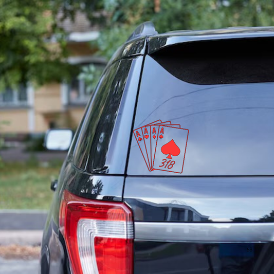 Four Aces Car Decal, Poker Spade 318 Sticker, Red Playing Card Car Window Decal, Gambler Gift, Louisiana Area Code Sticker