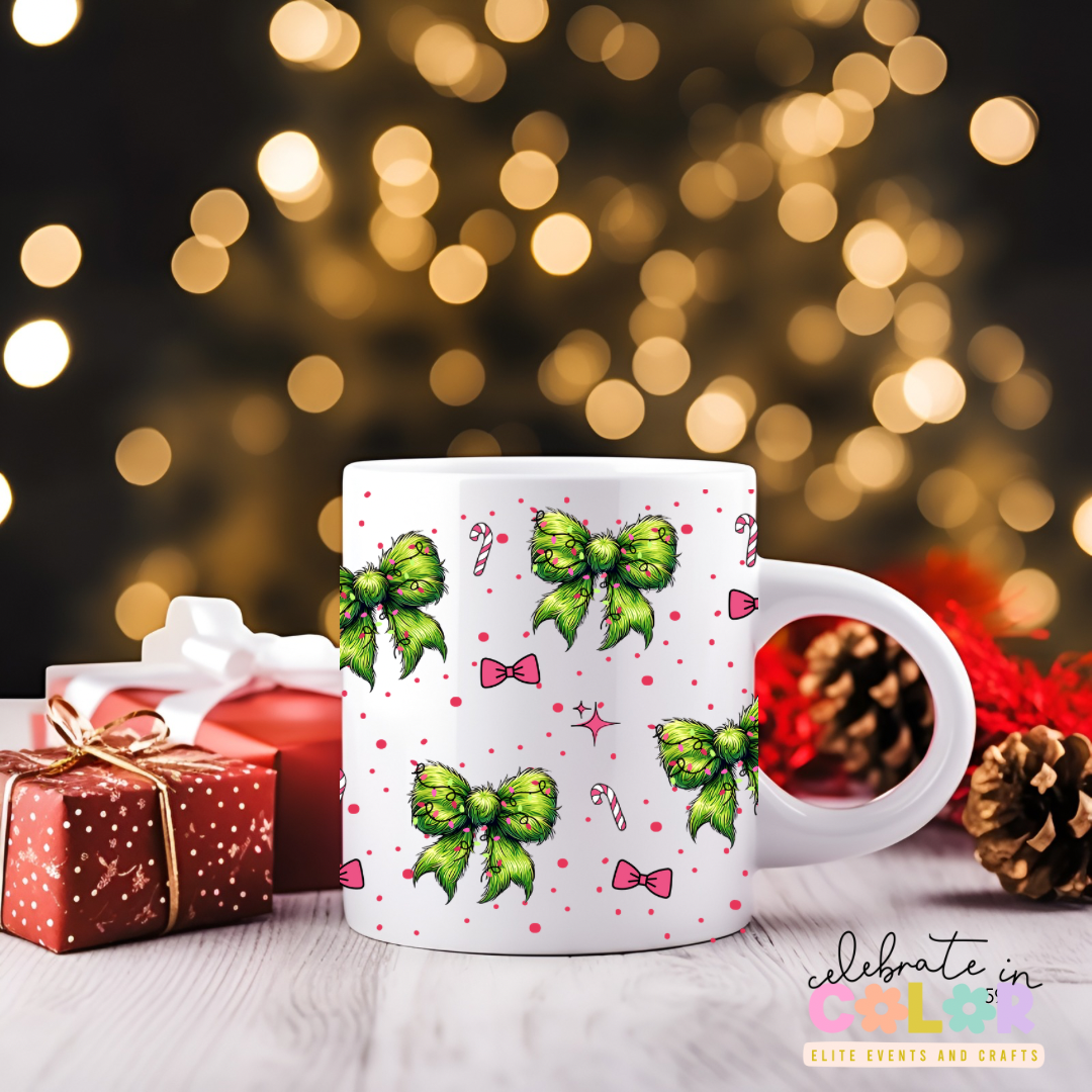Green Bow Christmas Mug, Holiday Coffee Cup, Sublimation Gift for Her, Candy Cane Mug, Christmas Morning Drinkware