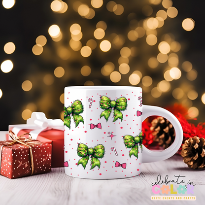 Green Bow Christmas Mug, Holiday Coffee Cup, Sublimation Gift for Her, Candy Cane Mug, Christmas Morning Drinkware