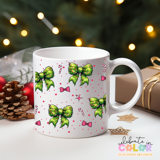 Green Bow Christmas Mug, Holiday Coffee Cup, Sublimation Gift for Her, Candy Cane Mug, Christmas Morning Drinkware