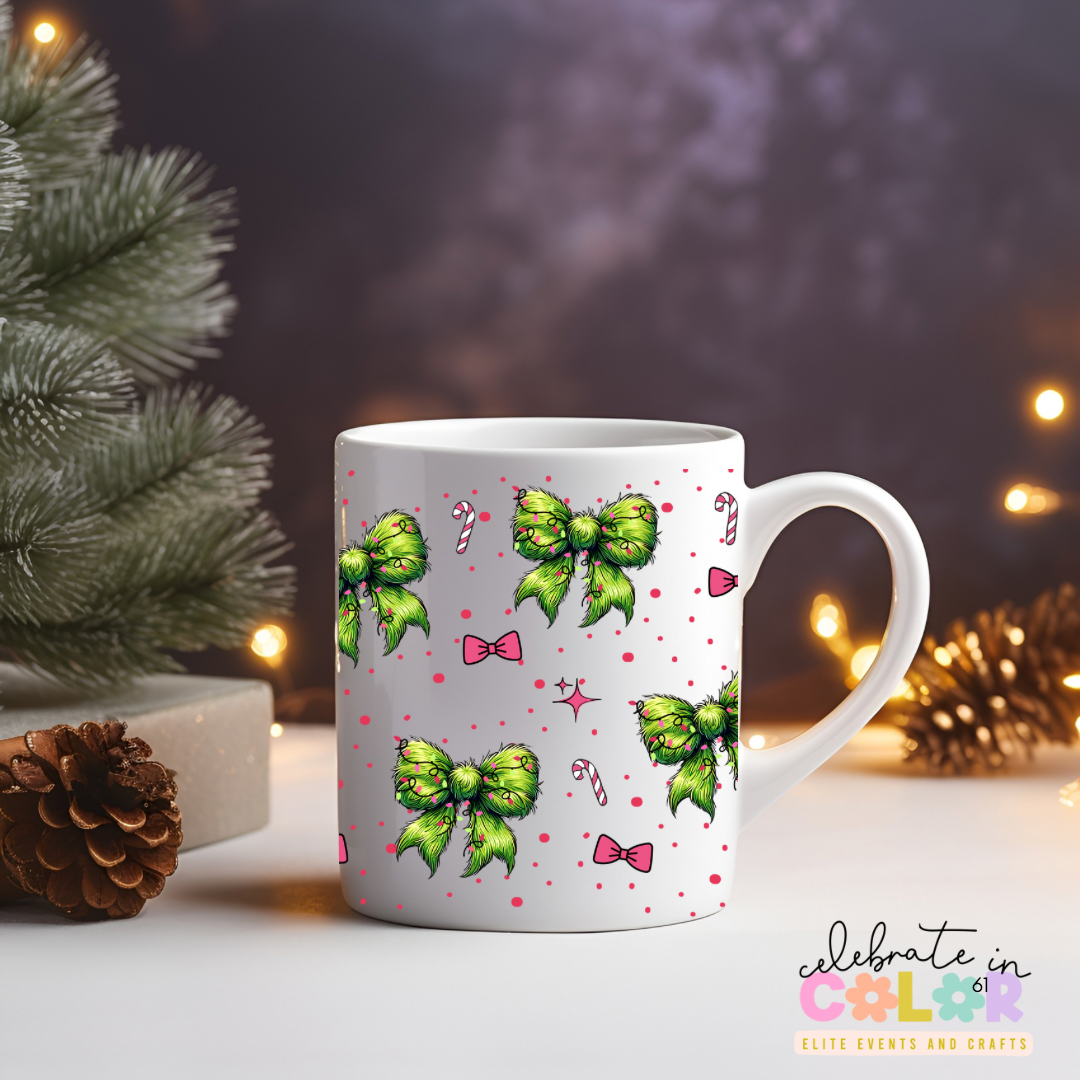 Green Bow Christmas Mug, Holiday Coffee Cup, Sublimation Gift for Her, Candy Cane Mug, Christmas Morning Drinkware