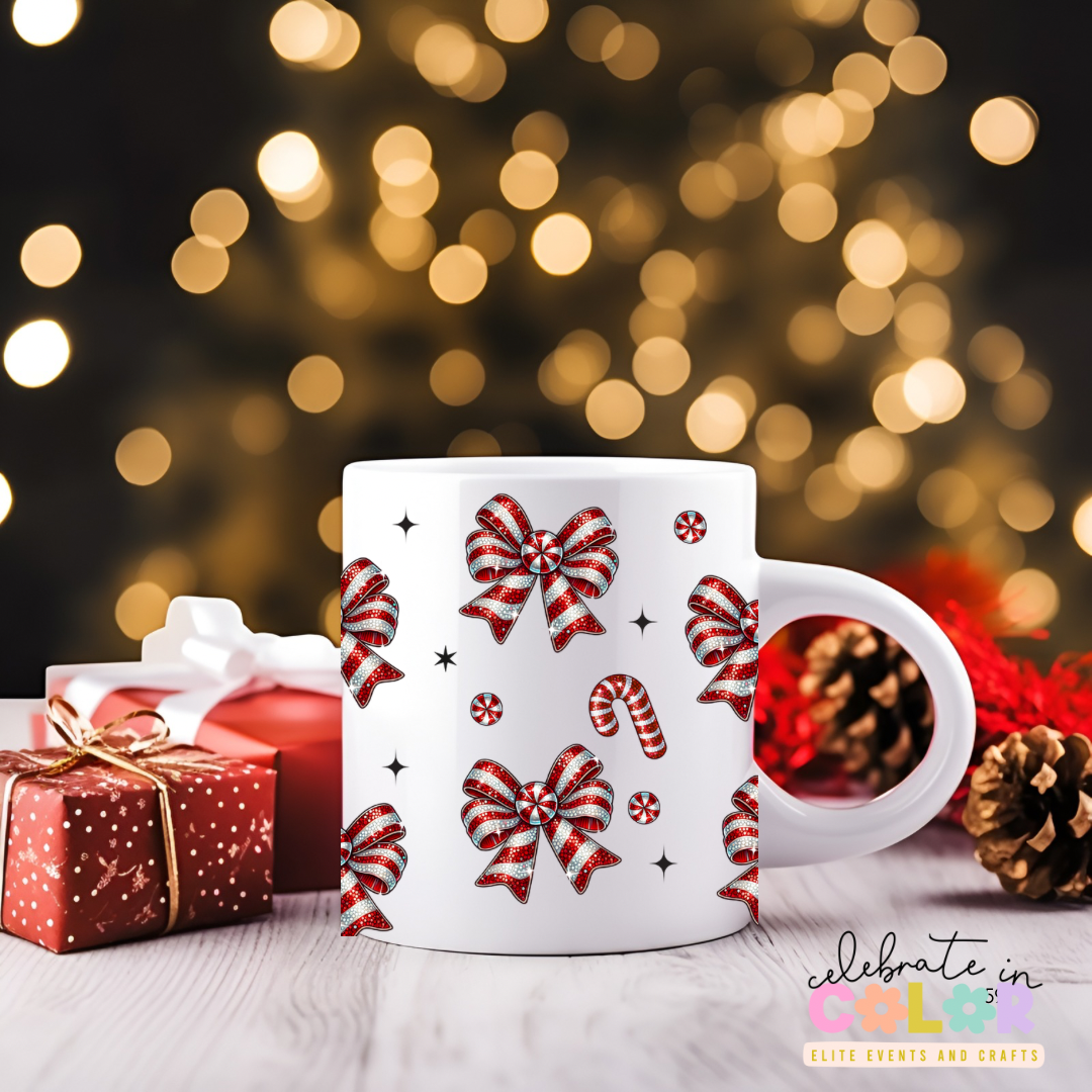 Candy Cane Bow Christmas Mug, Red & White Holiday Coffee Cup, Festive Drinkware Gift for Her, Cute Christmas Morning Mug