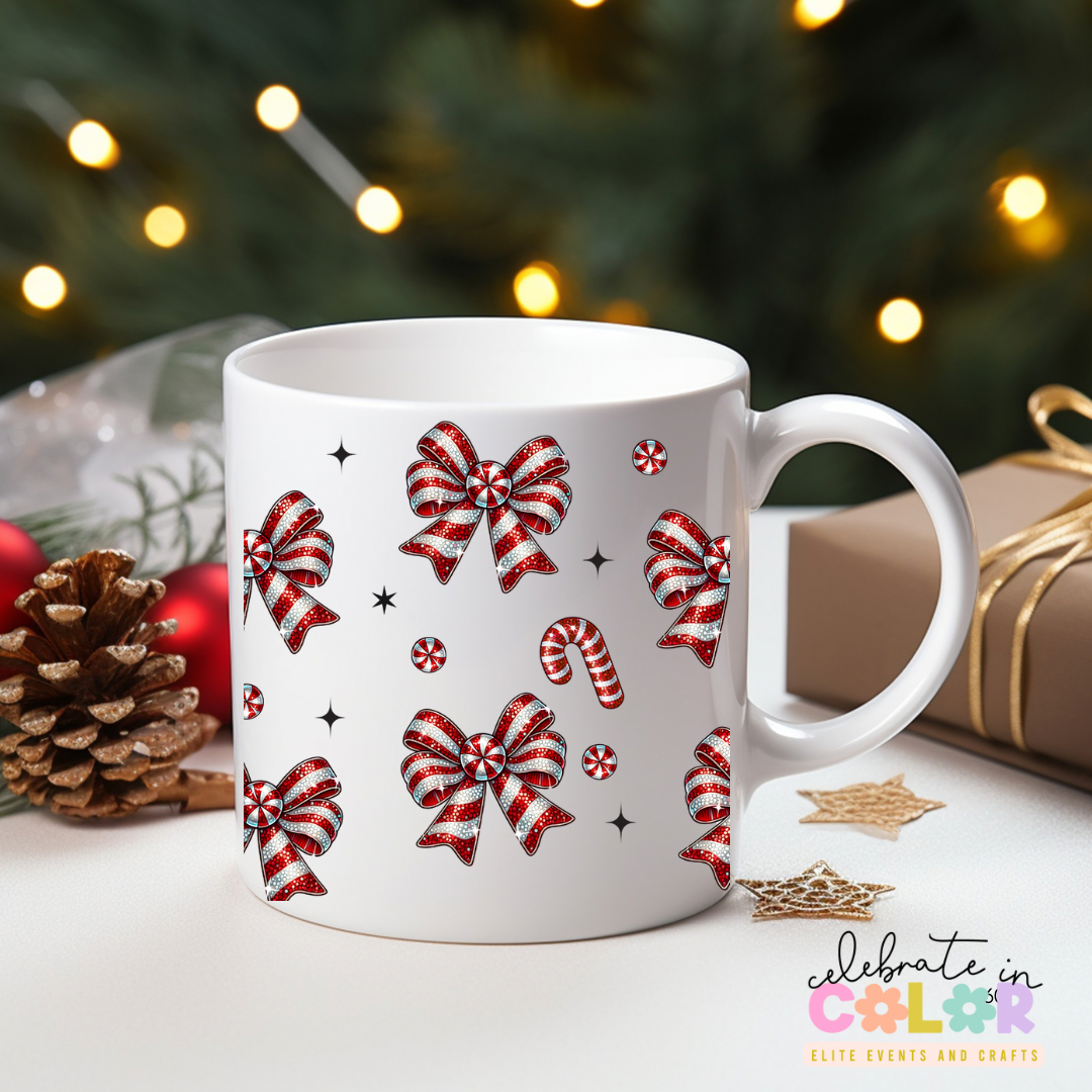 Candy Cane Bow Christmas Mug, Red & White Holiday Coffee Cup, Festive Drinkware Gift for Her, Cute Christmas Morning Mug