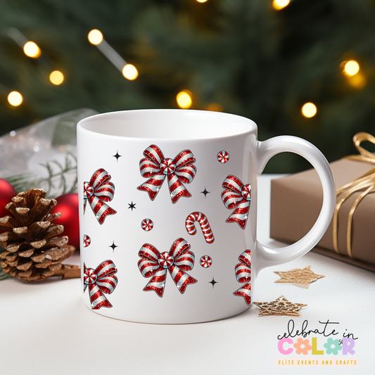 Candy Cane Bow Christmas Mug, Red & White Holiday Coffee Cup, Festive Drinkware Gift for Her, Cute Christmas Morning Mug