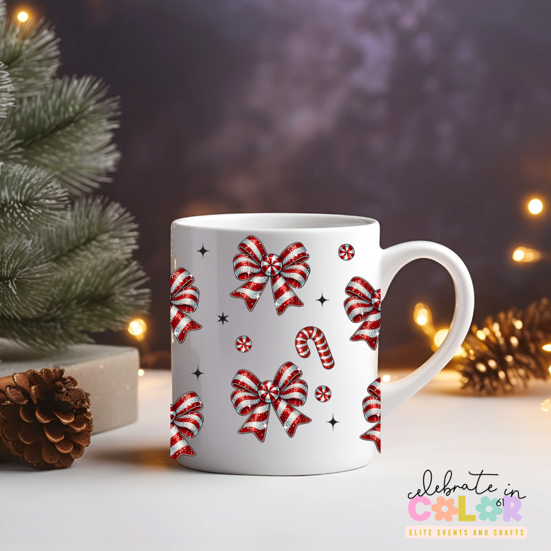 Candy Cane Bow Christmas Mug, Red & White Holiday Coffee Cup, Festive Drinkware Gift for Her, Cute Christmas Morning Mug