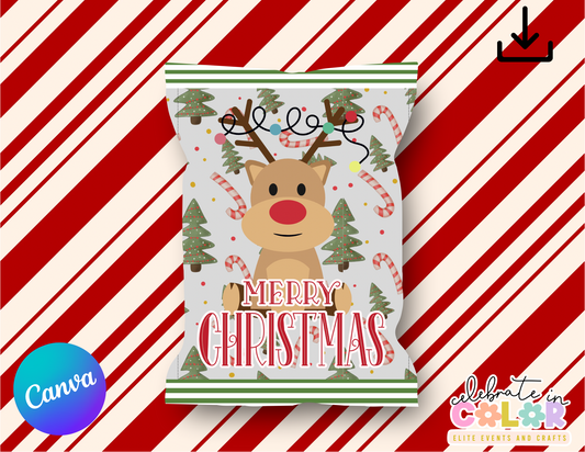 Merry Christmas Reindeer Chip Bag, Holiday Party Favor Bag, Printable Christmas Treat Bag, Candy Wrapper Template, Festive Snack Pouch