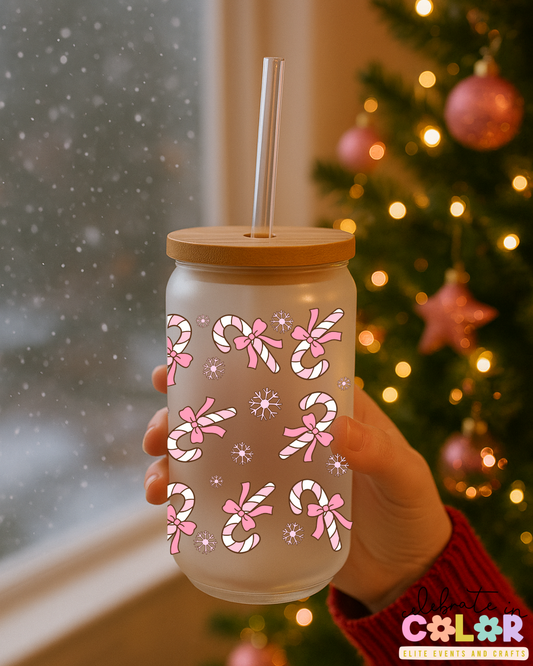 Pink Candy Cane Libbey Cup, 16oz Frosted Glass, Christmas Holiday Drinkware, Cute Pink Bow Mug, Holiday Gift for Her