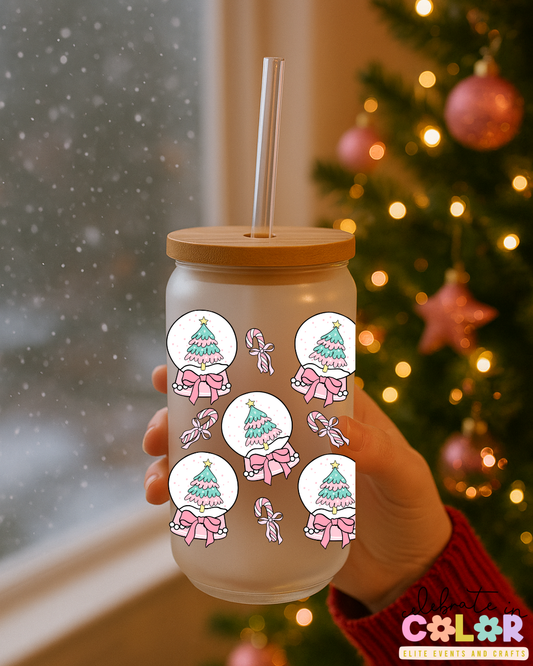 Pink Christmas Tree Snow Globe Libbey Cup, 16oz Frosted Glass with Bamboo Lid & Straw, Cute Holiday Gift for Her, Pink Christmas Drinkware