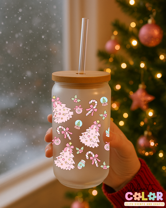 Pink Christmas Tree Libbey Cup, 16oz Frosted Glass, Cute Holiday Drinkware, Candy Cane & Ornament Design, Christmas Gift for Her