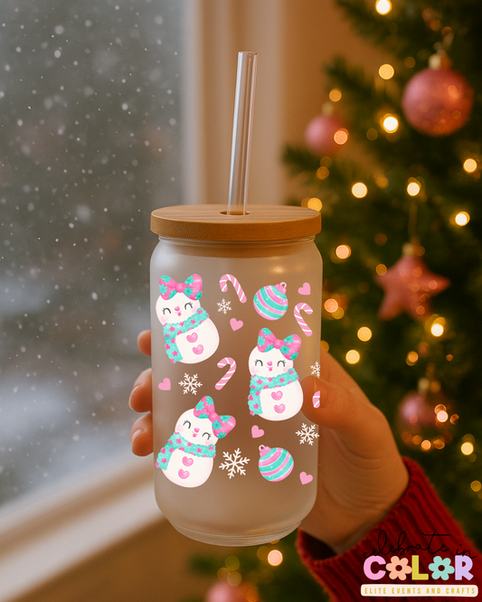 Pink Snowgirl Libbey Cup, 16oz Frosted Glass with Bamboo Lid & Straw, Cute Pastel Christmas Cup, Holiday Gift for Her, Pink Winter Mug