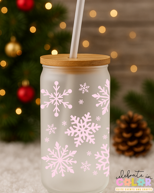 Pink Snowflake Libbey Cup, 16oz Frosted Glass with Bamboo Lid & Straw, Cute Winter Cup, Holiday Drinkware, Aesthetic Christmas Gift for Her