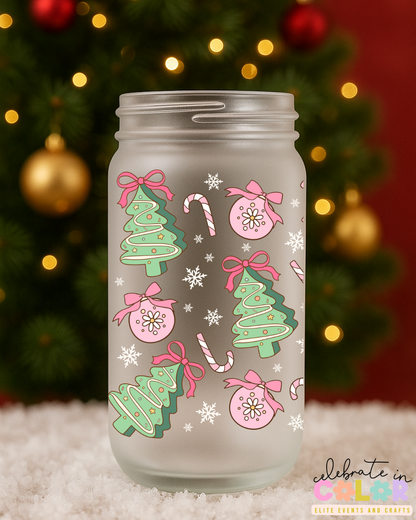 Pastel Christmas Tree Libbey Cup, 16oz Frosted Glass with Bamboo Lid & Straw, Cute Holiday Cup, Pink & Green Christmas Gift for Her