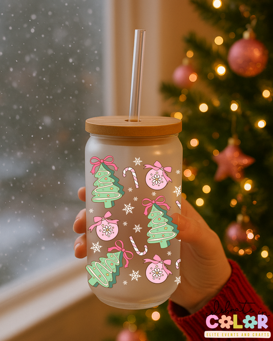 Pastel Christmas Tree Libbey Cup, 16oz Frosted Glass with Bamboo Lid & Straw, Cute Holiday Cup, Pink & Green Christmas Gift for Her