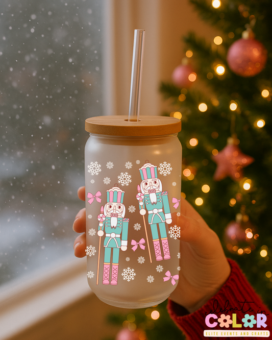 Pastel Nutcracker Libbey Cup, 16oz Frosted Glass with Bamboo Lid & Straw, Cute Christmas Cup, Holiday Gift for Her, Ballet Inspired Drinkware