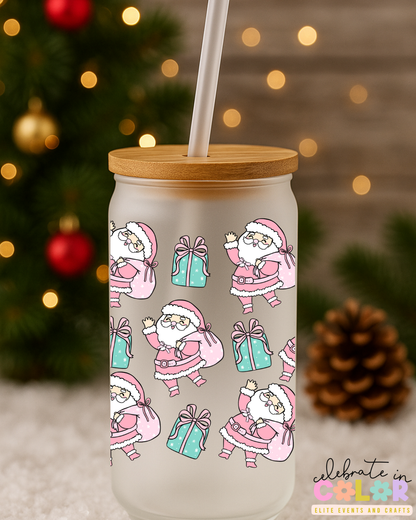 Pink Santa Frosted Glass Cup, Christmas Glass Can with Bamboo Lid & Straw, Retro Holiday Gift for Her, Cute Christmas Drinkware