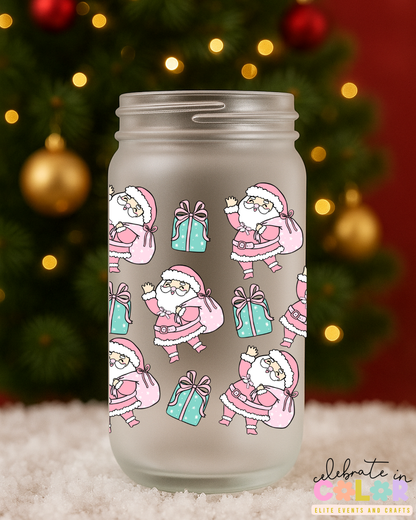Pink Santa Frosted Glass Cup, Christmas Glass Can with Bamboo Lid & Straw, Retro Holiday Gift for Her, Cute Christmas Drinkware