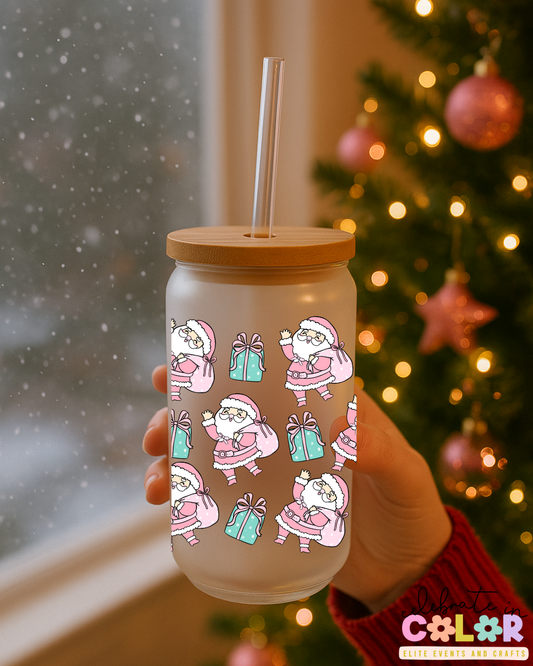 Pink Santa Frosted Glass Cup, Christmas Glass Can with Bamboo Lid & Straw, Retro Holiday Gift for Her, Cute Christmas Drinkware