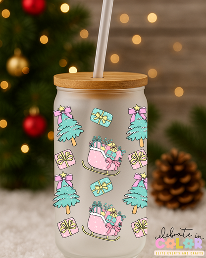 Pastel Christmas Frosted Glass Cup, Sleigh & Tree Glass Can with Bamboo Lid & Straw, Holiday Gift for Her, Cute Winter Drinkware