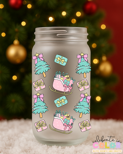 Pastel Christmas Frosted Glass Cup, Sleigh & Tree Glass Can with Bamboo Lid & Straw, Holiday Gift for Her, Cute Winter Drinkware