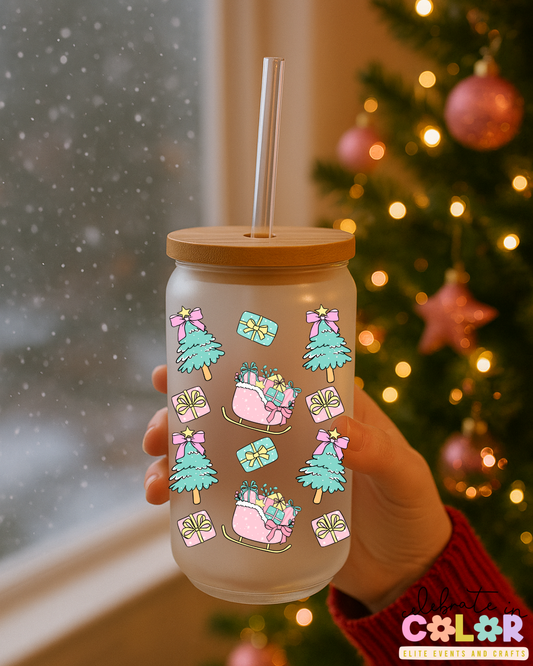 Pastel Christmas Frosted Glass Cup, Sleigh & Tree Glass Can with Bamboo Lid & Straw, Holiday Gift for Her, Cute Winter Drinkware