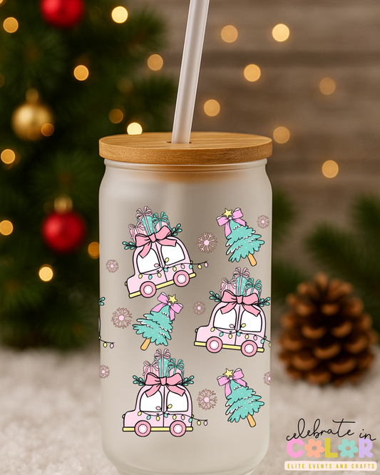 Pink Christmas Car Frosted Glass Cup, Holiday Glass Can with Bamboo Lid & Straw, Cute Pastel Christmas Drinkware Gift for Her