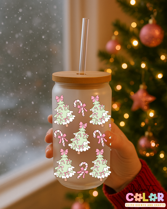 Pastel Christmas Tree Frosted Glass Cup, Candy Cane Glass Can with Bamboo Lid & Straw, Cute Holiday Drinkware Gift for Her