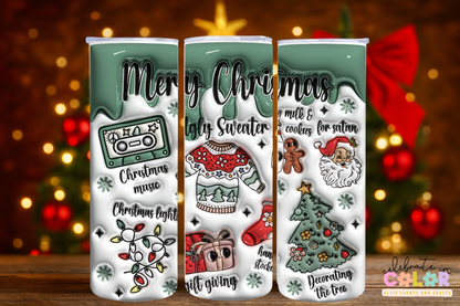 Merry Christmas 20oz Tumbler, Holiday Retro Drink Cup with Lid & Straw, Ugly Sweater Christmas Tumbler, Festive Gift for Her