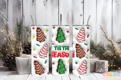 Tis the Season Christmas Tree Cake Tumbler, Holiday Snack Cake 20oz Cup with Lid & Straw, Christmas Gift for Her, Festive Drinkware