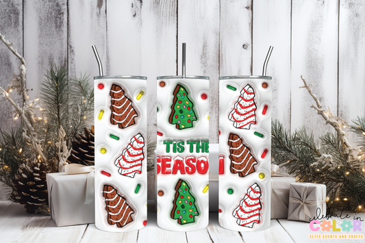 Tis the Season Christmas Tree Cake Tumbler, Holiday Snack Cake 20oz Cup with Lid & Straw, Christmas Gift for Her, Festive Drinkware