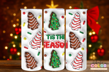 Tis the Season Christmas Tree Cake Tumbler, Holiday Snack Cake 20oz Cup with Lid & Straw, Christmas Gift for Her, Festive Drinkware