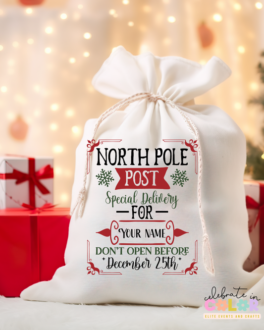 North Pole Santa Sack, Reindeer Mail Bag, Personalized Christmas Gift Bag for Kids, 8x10 Small Present Bag, North Pole Delivery Bag