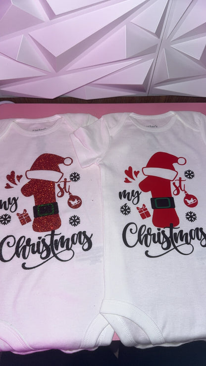 My 1st Christmas Onesie, Baby Holiday Outfit, Santa Hat Bodysuit, Glitter or Non-Glitter Christmas Infant Gift, Personalized Option