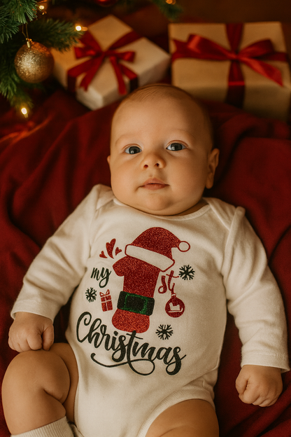 My 1st Christmas Onesie, Baby Holiday Outfit, Santa Hat Bodysuit, Glitter or Non-Glitter Christmas Infant Gift, Personalized Option