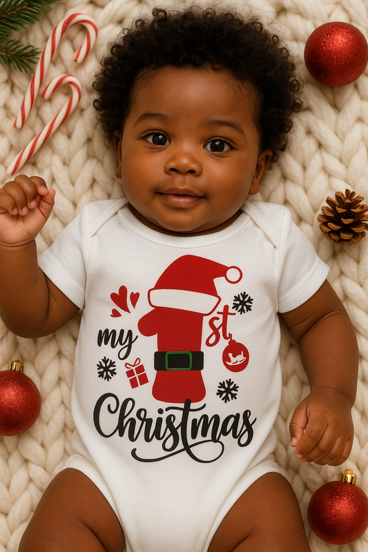 My 1st Christmas Onesie, Baby Holiday Outfit, Santa Hat Bodysuit, Glitter or Non-Glitter Christmas Infant Gift, Personalized Option