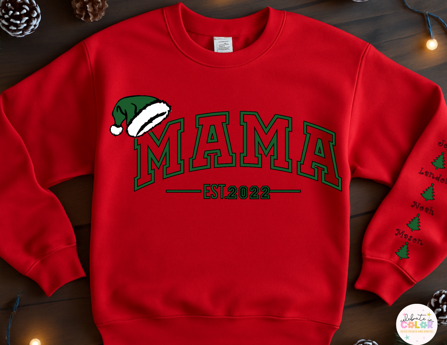 Puff Glitter Christmas Mama Sweatshirt, Personalized Family Name Crewneck, Holiday Mama Est. Sweater, Custom Family Tree Sleeve, Matching Christmas Outfit