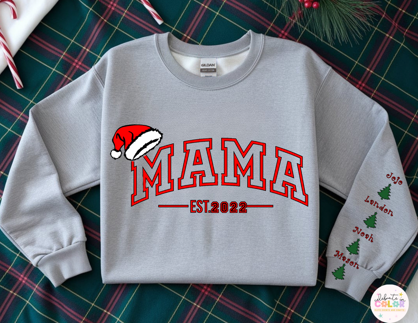 Puff Glitter Christmas Mama Sweatshirt, Personalized Family Name Crewneck, Holiday Mama Est. Sweater, Custom Family Tree Sleeve, Matching Christmas Outfit