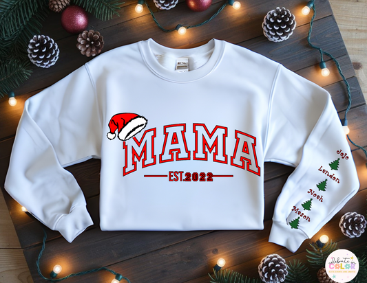 Puff Glitter Christmas Mama Sweatshirt, Personalized Family Name Crewneck, Holiday Mama Est. Sweater, Custom Family Tree Sleeve, Matching Christmas Outfit