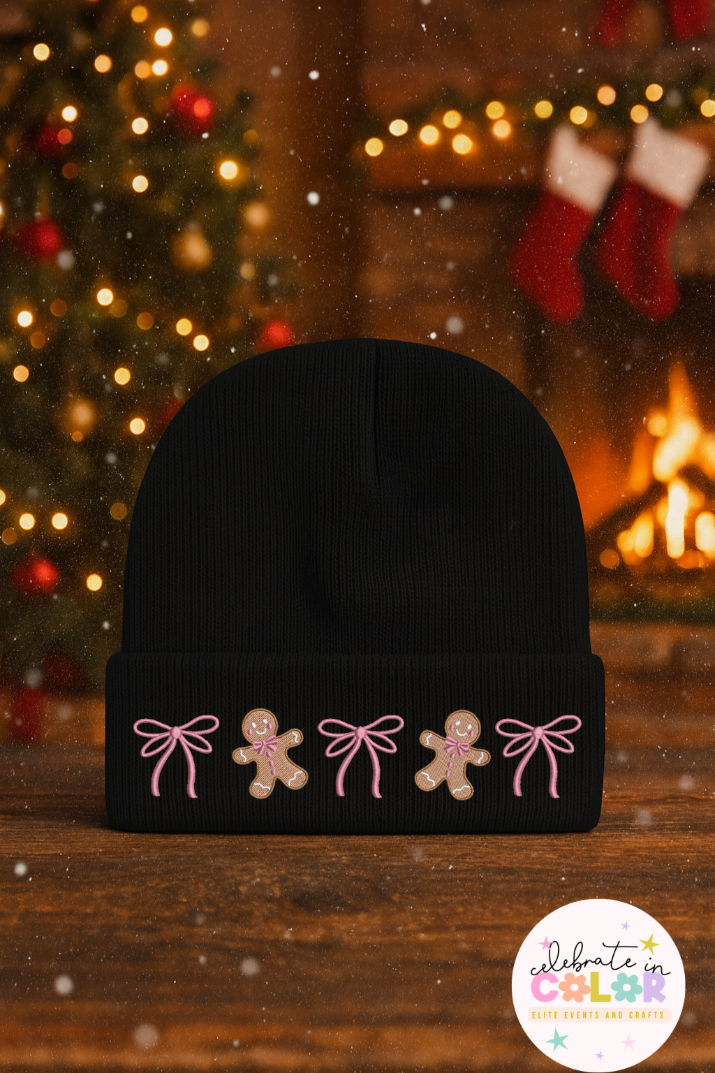 Gingerbread Bow Christmas Beanie, DTF Holiday Hat, Cute Winter Beanie, Christmas Gift for Her, Cozy Holiday Accessory