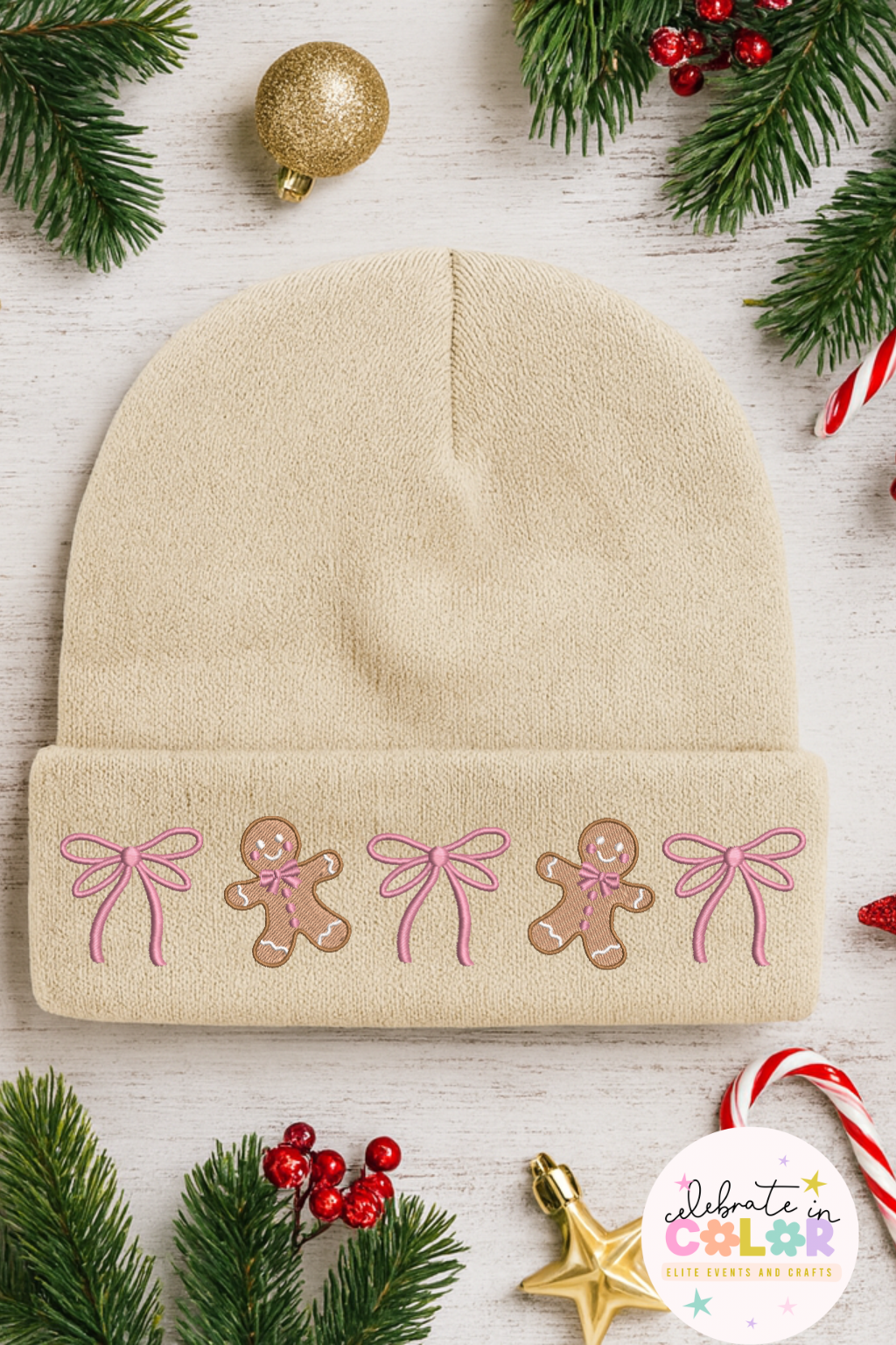 Gingerbread Bow Christmas Beanie, DTF Holiday Hat, Cute Winter Beanie, Christmas Gift for Her, Cozy Holiday Accessory