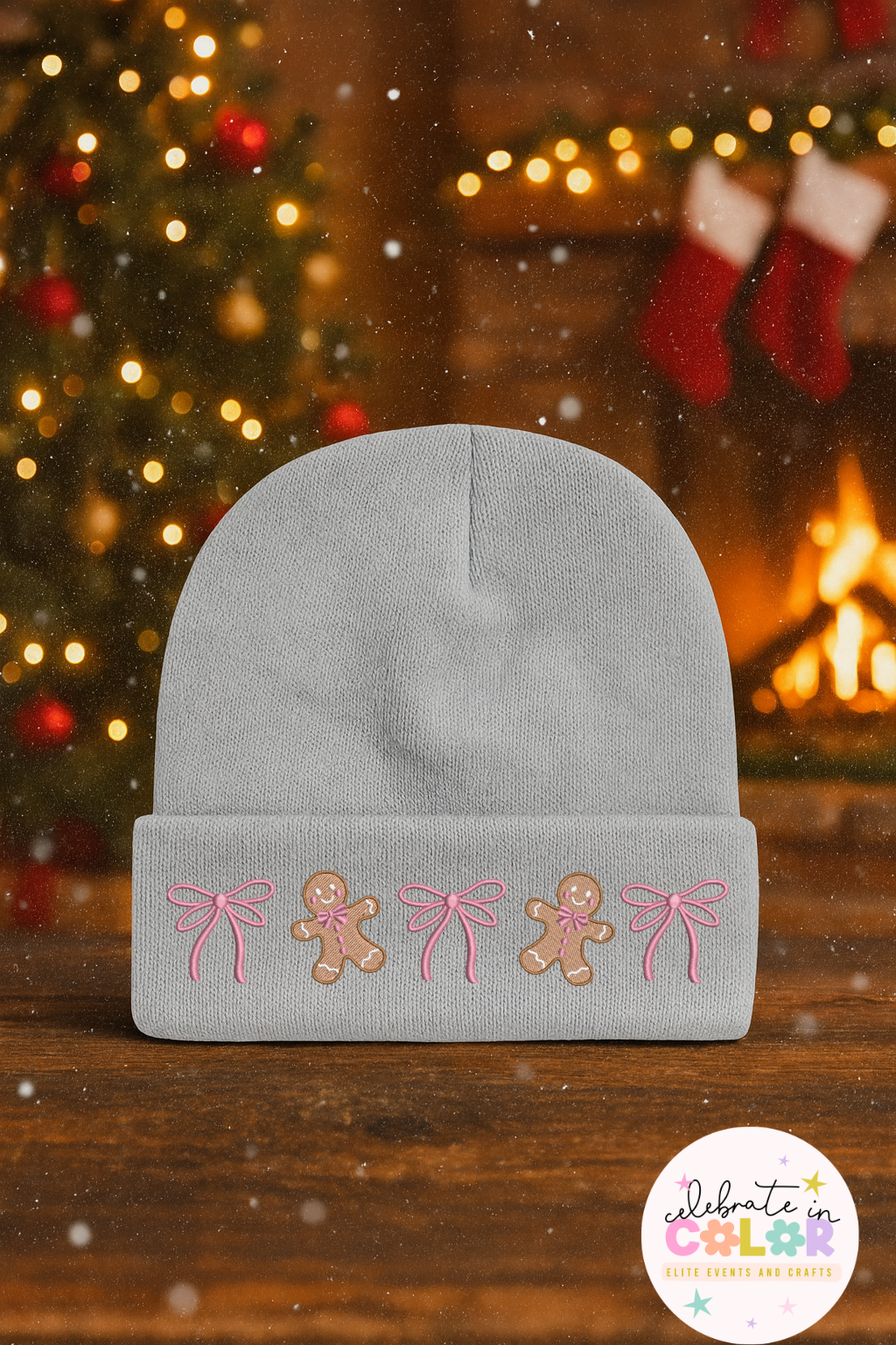 Gingerbread Bow Christmas Beanie, DTF Holiday Hat, Cute Winter Beanie, Christmas Gift for Her, Cozy Holiday Accessory