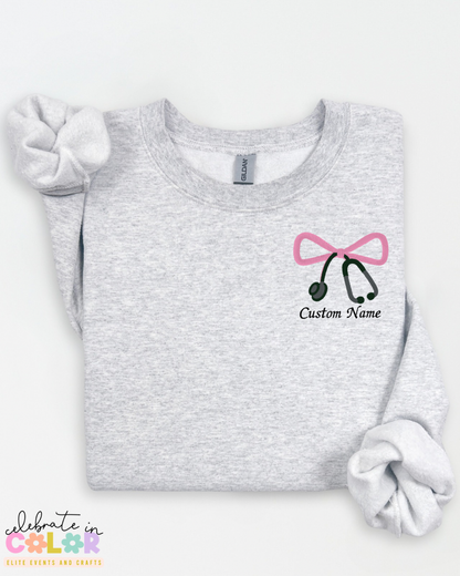 Custom Nurse Sweatshirt with Embroidered Bow & Stethoscope, Personalized Nurse Gift, Healthcare Worker Sweatshirt, RN Crewneck