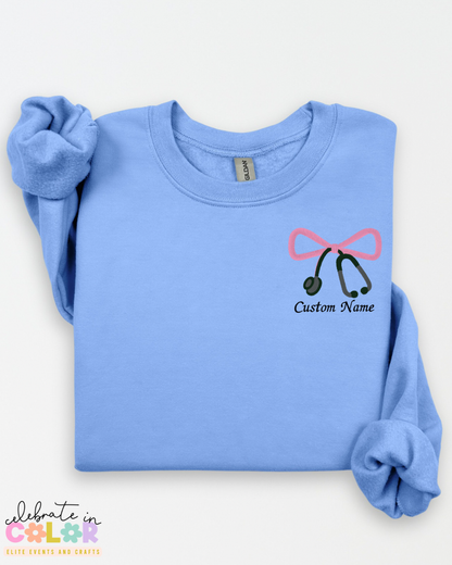 Custom Nurse Sweatshirt with Embroidered Bow & Stethoscope, Personalized Nurse Gift, Healthcare Worker Sweatshirt, RN Crewneck