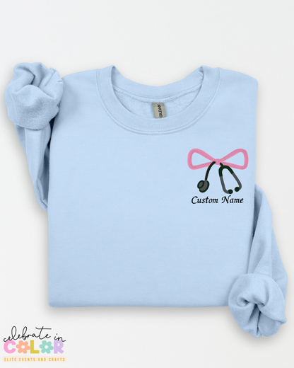 Custom Nurse Sweatshirt with Embroidered Bow & Stethoscope, Personalized Nurse Gift, Healthcare Worker Sweatshirt, RN Crewneck