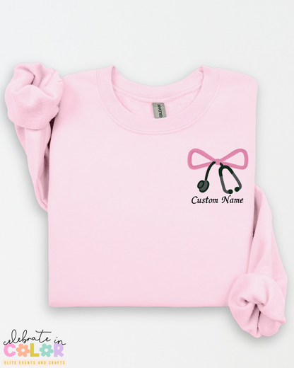 Custom Nurse Sweatshirt with Embroidered Bow & Stethoscope, Personalized Nurse Gift, Healthcare Worker Sweatshirt, RN Crewneck