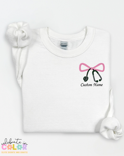 Custom Nurse Sweatshirt with Embroidered Bow & Stethoscope, Personalized Nurse Gift, Healthcare Worker Sweatshirt, RN Crewneck