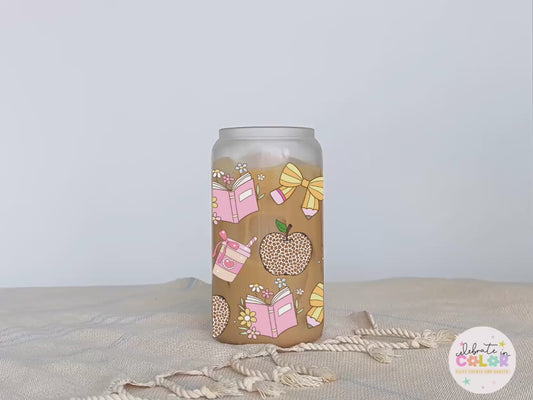 16oz Teacher Iced Coffee Cup, Pink Bow Book Apple Glass Can, Cute Back to School Gift for Teachers, Leopard Apple Tumbler with Lid